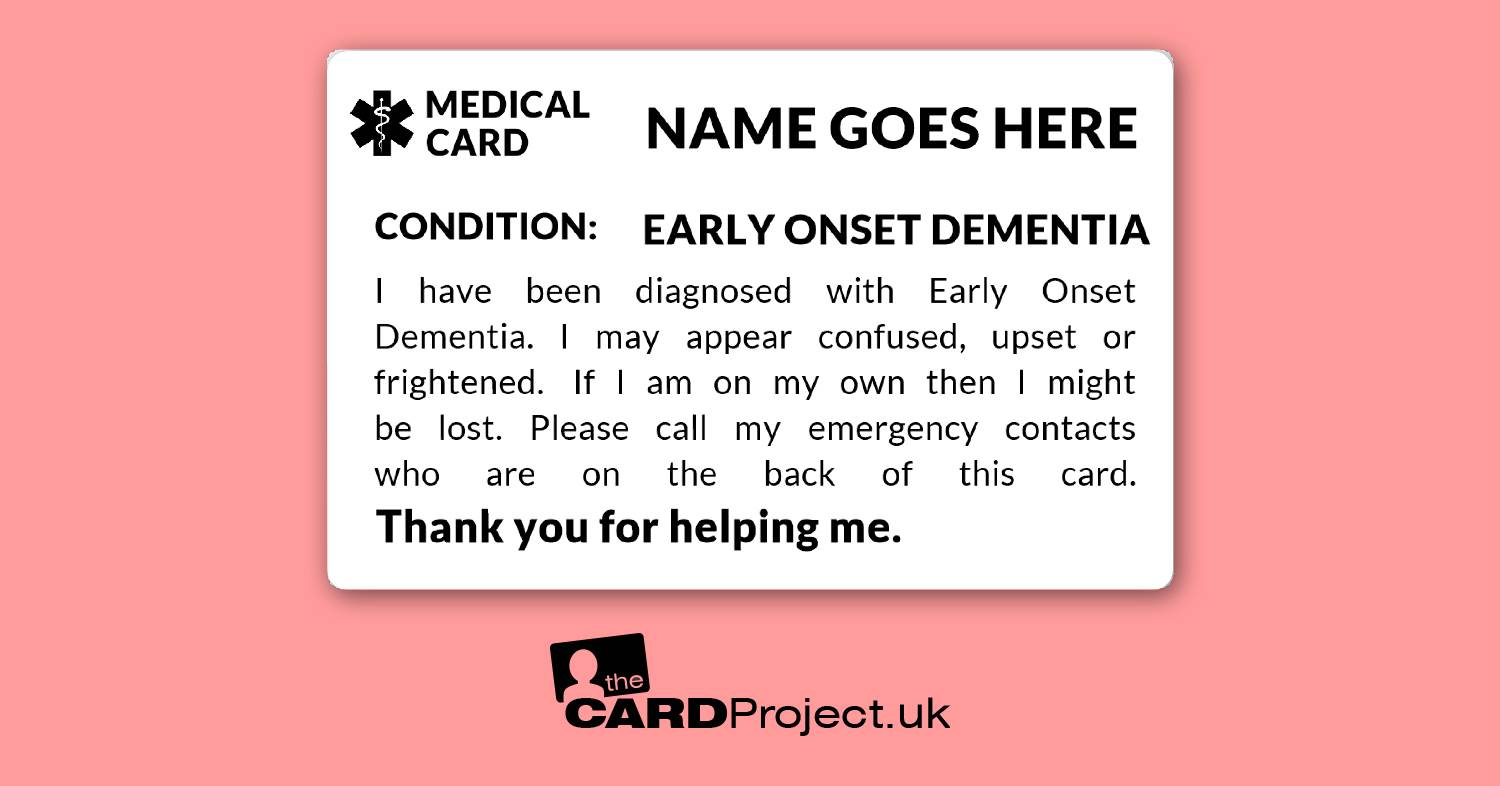 Early Onset Dementia Mono Medical ID Alert Card  (FRONT)